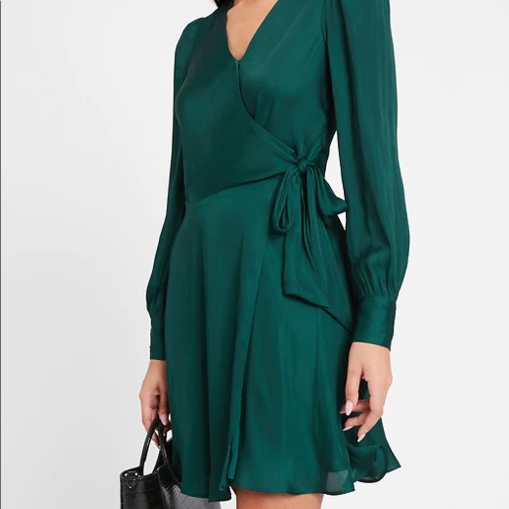 Banana Republic Satin Puff-Sleeve Green Wrap Dress